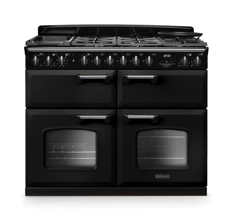 Rangemaster CLDLB110DFPCBL/CM1 Classic Deluxe BC 110cm Dual Fuel Range Cooker Chrome Trim 14875 - Charcoal Black
