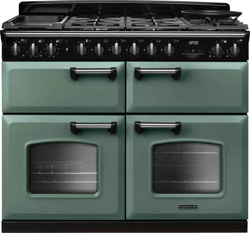 Rangemaster Classic Deluxe CLDLB110DFPMGR/CM1 110cm wide Dual Fuel Range Cooker with Gas Hob - Green / Chrome - A Rated, Green / Chrome