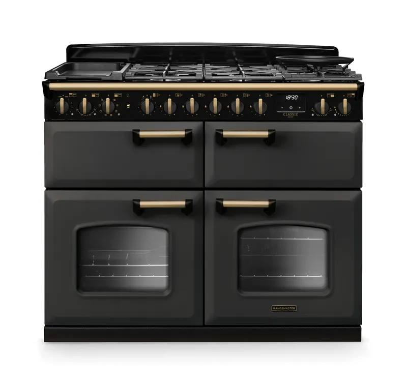 Rangemaster CLDLB110DFPSLT/AB1 Classic Deluxe BC 110cm Dual Fuel Range Cooker Antique Brass Trim 18365 - Slate