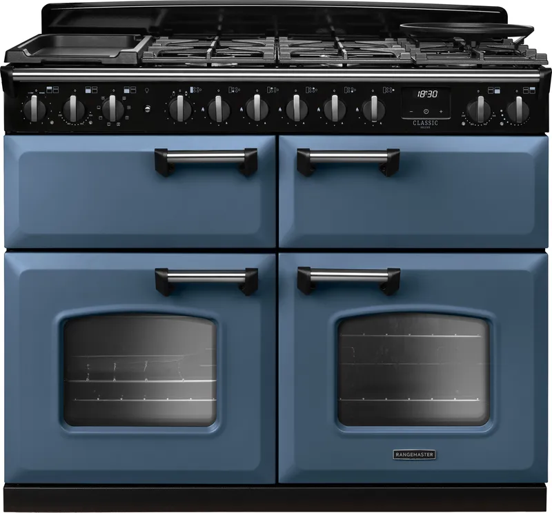 Rangemaster CLDLB110DFPSTB/CM1 Classic Deluxe BC 110cm Dual Fuel Range Cooker Chrome Trim 14878 - Stone Blue