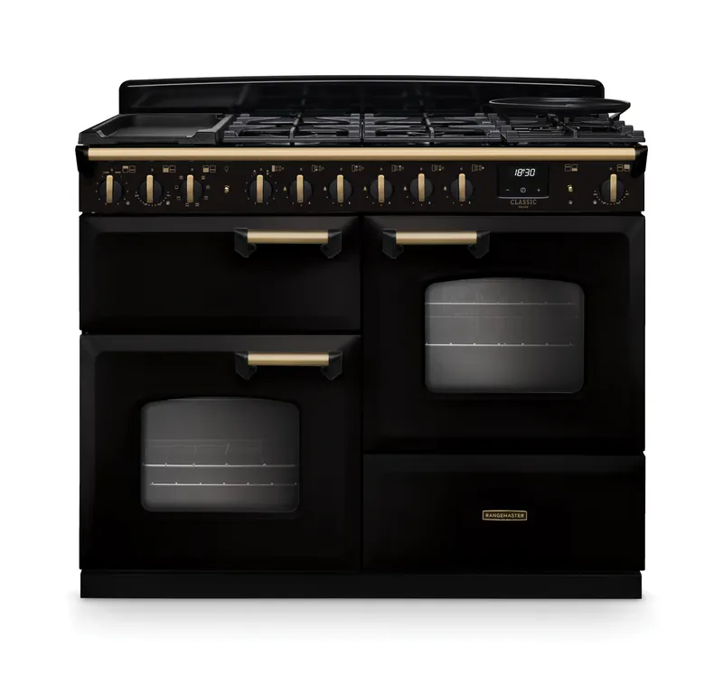 Rangemaster CLDLO110DFPGBL/AB1 Classic Deluxe OC 110cm Dual Fuel Range Cooker Antique Brass Trim 18323 - Black