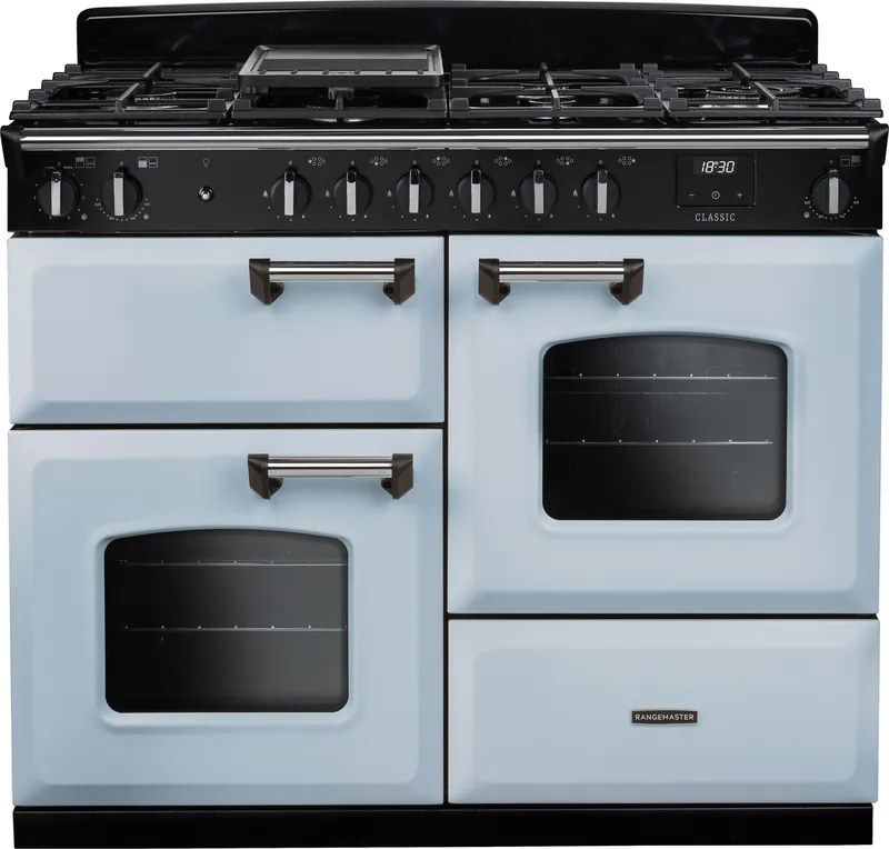 Rangemaster CLO110DFPMSB/CM1 Classic 110cm OC Dual Fuel Range Cooker Chrome Trim 14218 - Misty Blue
