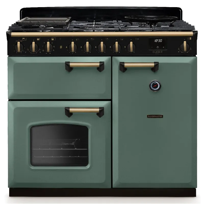 Rangemaster CLDL100DFPMGR/AB1 Classic Deluxe 100cm Dual Fuel Range Cooker Antique Brass Trim 18298 - Mineral Green