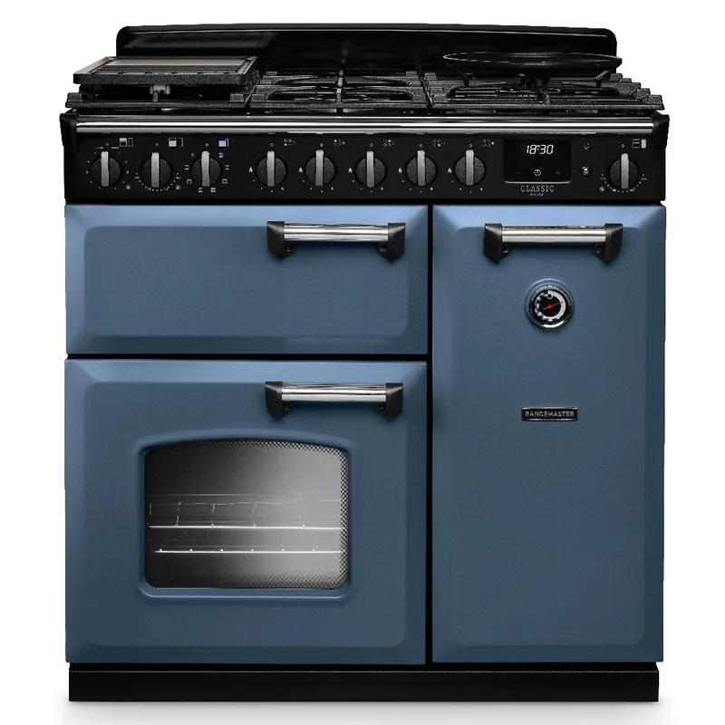 Rangemaster CLDL90DFPSTB/CM1 Classic Deluxe 90cm Dual Fuel Range Cooker Chrome Trim 14540 - Stone Blue