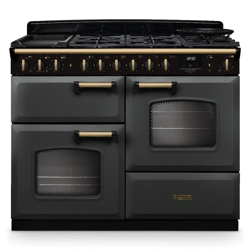 Rangemaster CLDLO110DFPSLT/AB1 Classic Deluxe OC 110cm Dual Fuel Range Cooker Antique Brass Trim 18325 - Slate