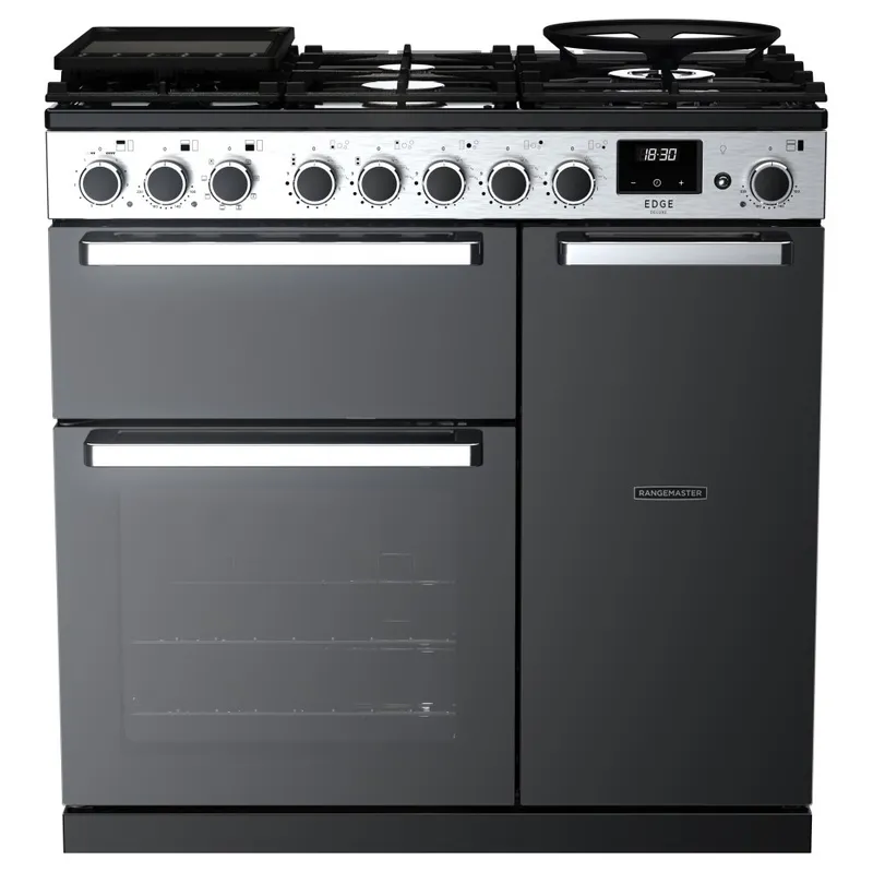 Rangemaster EDDL90DFGBLK/CM1 Edge Deluxe 90cm Dual Fuel Range Cooker With Chrome Trim 15796 - Black