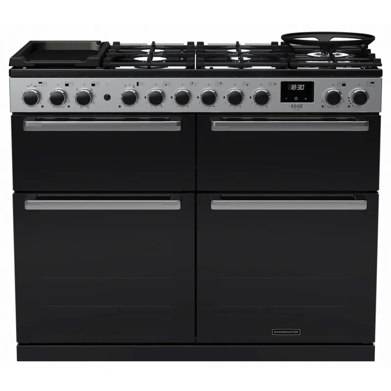 Rangemaster EDDLB110DFGBLK/CM1 Edge Deluxe BC 110cm Dual Fuel Range Cooker With Chrome Trim 15828 - Black