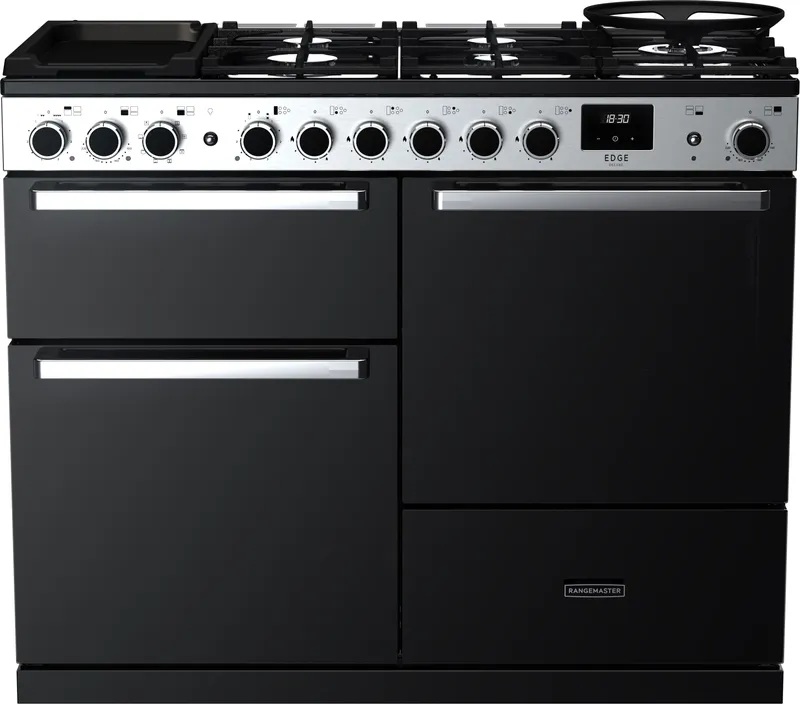 Rangemaster Edge Deluxe EDDLO110DFGBLK/CM1 110cm wide Dual Fuel Range Cooker with Gas Hob - Black Glass / Chrome - A/A Rated, Black