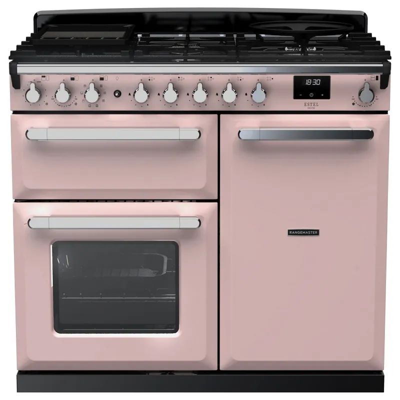 Rangemaster ESDL100DFPPPK/CM1 Estel Deluxe 100cm Dual Fuel Range Cooker With Chrome Trim 15084 - Pale Pink