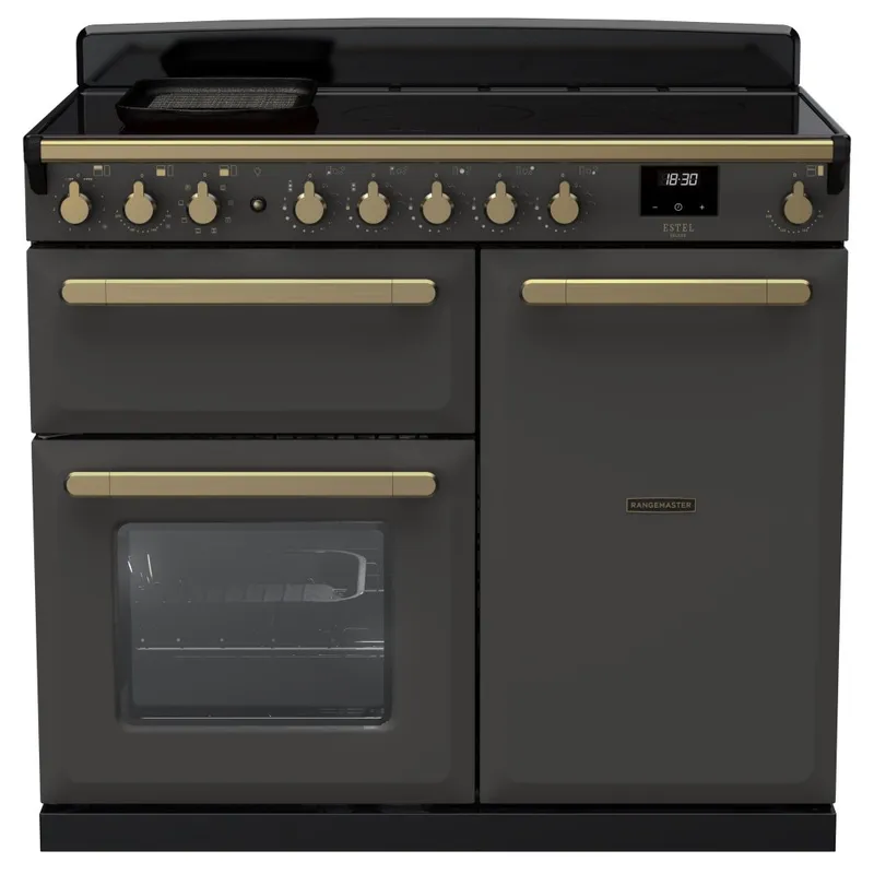 Rangemaster ESDL100EIPSLT/AB1 Estel Deluxe 100cm Induction Range Cooker With Antique Brass Trim 18089 - Slate
