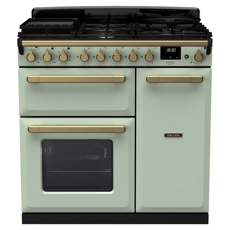 Rangemaster ESDL90DFPMNT/AB1 Estel Deluxe 90cm Dual Fuel Range Cooker With Antique Brass Trim 18038 - Mint