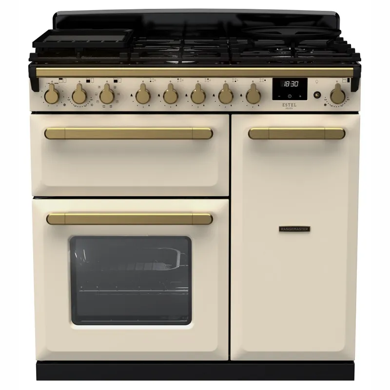 Rangemaster ESDL90DFPPCR/AB1 Estel Deluxe 90cm Dual Fuel Range Cooker With Antique Brass Trim 18034 - Pale Cream