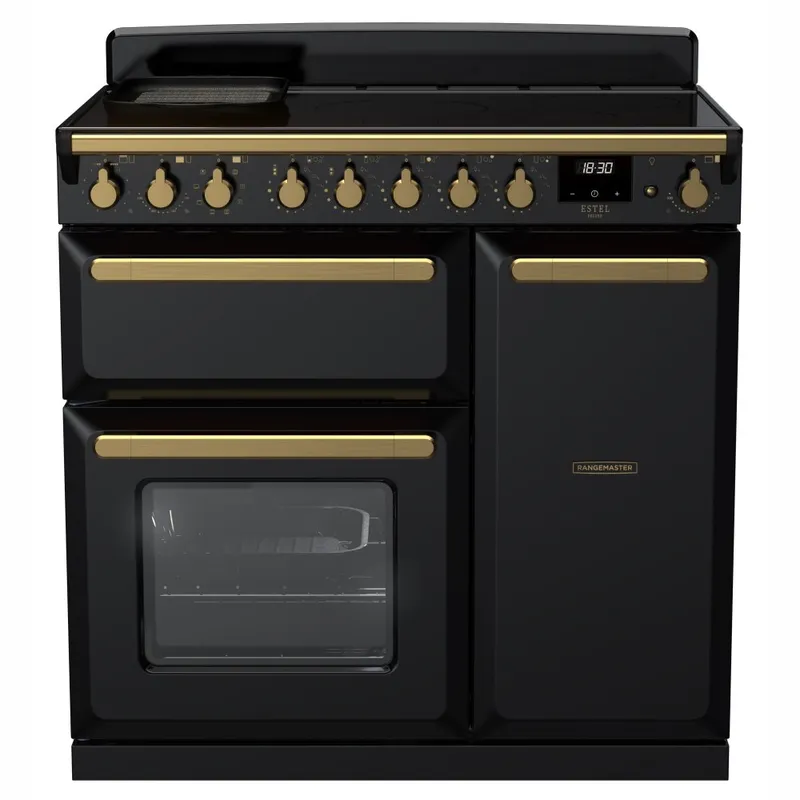 Rangemaster ESDL90EIPGBL/AB1 Estel Deluxe 90cm Induction Range Cooker With Antique Brass Trim 18053 - Black