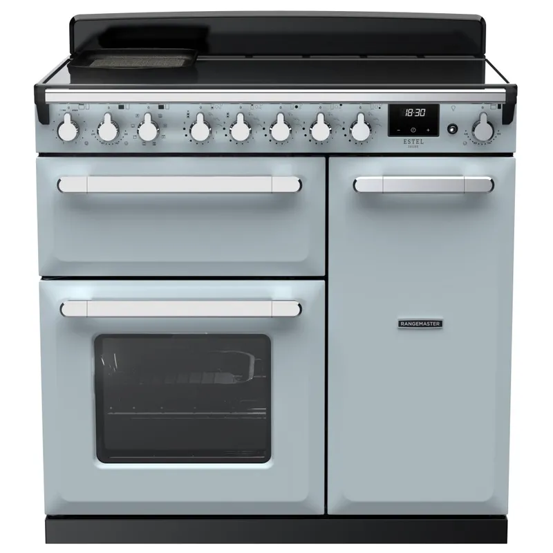Rangemaster ESDL90EIPMSB/CM1 Estel Deluxe 90cm Induction Range Cooker With Chrome Trim 15032 - Misty Blue