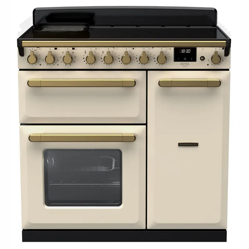 Rangemaster ESDL90EIPPCR/AB1 Estel Deluxe 90cm Induction Range Cooker With Antique Brass Trim 18055 - Pale Cream