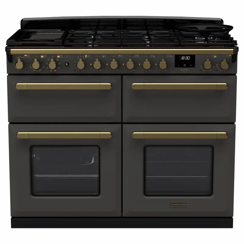 Rangemaster ESDLB110DFPSLT/AB1 Estel Deluxe BC 110cm Dual Fuel Range Cooker With Antique Brass Trim 18145 - Slate