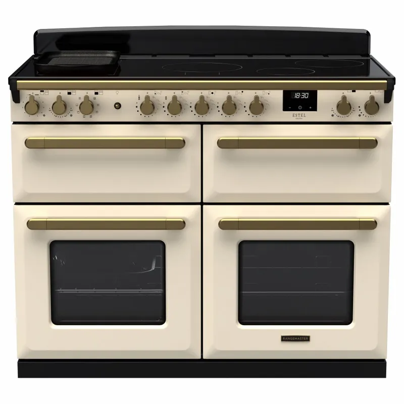 Rangemaster ESDLB110EIPPCR/AB1 Estel Deluxe BC 110cm Induction Range Cooker With Antique Brass Trim 18167 - Pale Cream