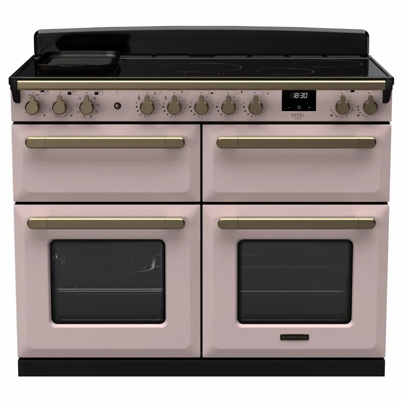 Rangemaster ESDLB110EIPPPK/AB1 Estel Deluxe BC 110cm Induction Range Cooker With Antique Brass Trim 18170 - Pale Pink
