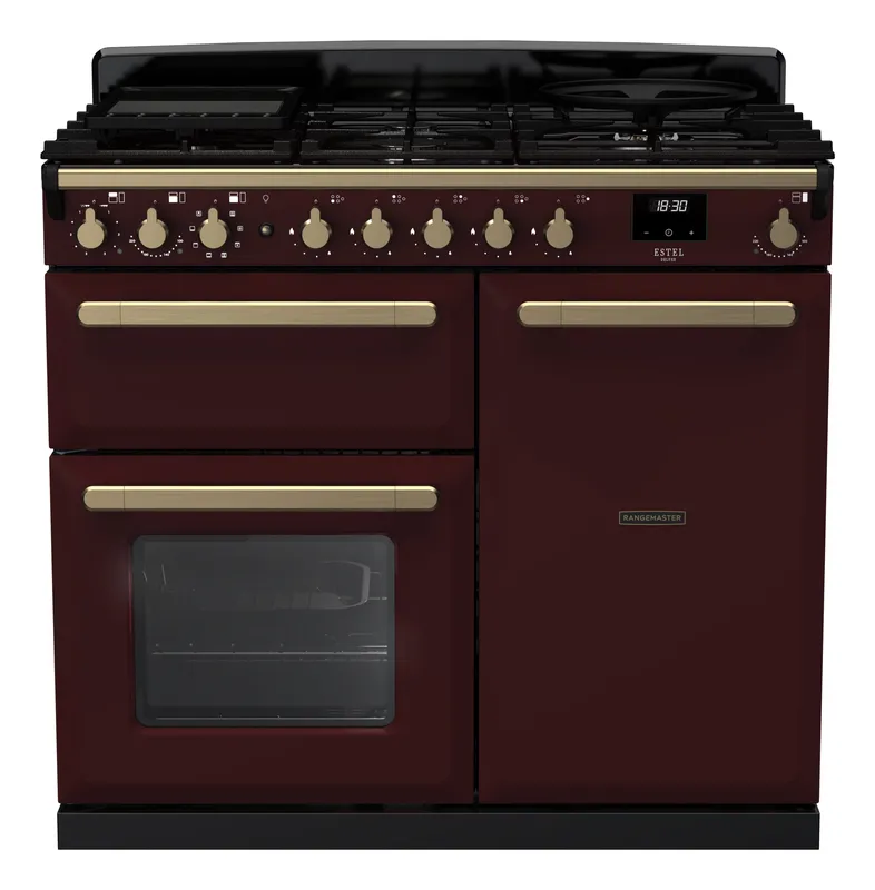 Rangemaster Estel Deluxe ESDL100DFPBOR/AB1 100cm Wide Bordeaux Dual Fuel Freestanding Range Cooker - Antique Brass