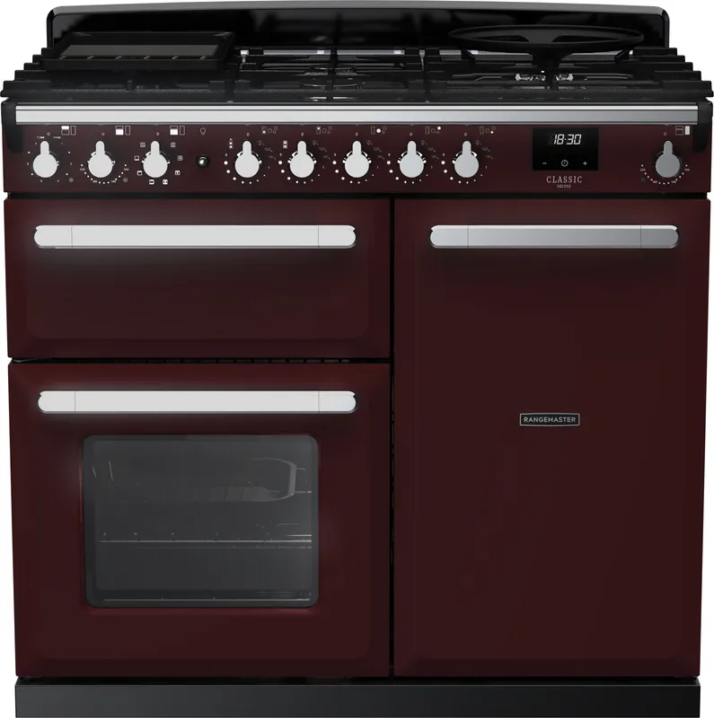Rangemaster Estel Deluxe ESDL100DFPBOR/CM1 100cm wide Dual Fuel Range Cooker with Gas Hob - Bordeaux / Chrome - A/A Rated, Red