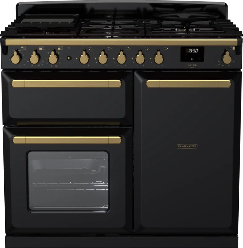 Rangemaster Estel Deluxe ESDL100DFPGBL/AB1 100cm wide Dual Fuel Range Cooker with Gas Hob - Black / Antique Brass - A/A Rated, Black