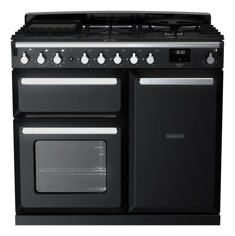 Rangemaster ESDL100DFPGBL/CM1 Estel Deluxe 100cm Dual Fuel Range Cooker With Chrome Trim 15078 - Black