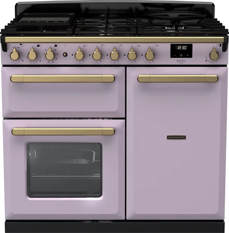 Rangemaster ESDL100DFPHTH/AB1 Estel Deluxe 100cm Dual Fuel Range Cooker With Antique Brass Trim 18233 - Heather