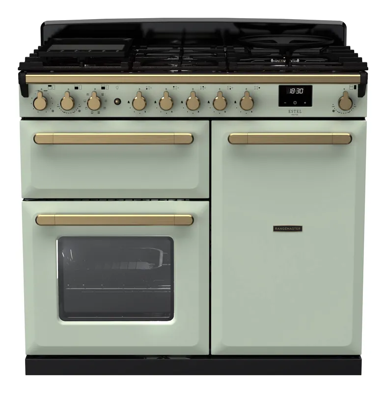 Rangemaster Estel Deluxe ESDL100DFPMNT/AB1 100cm Wide Mint Dual Fuel Freestanding Range Cooker - Antique Brass Trim