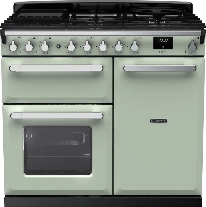 Rangemaster Estel Deluxe ESDL100DFPMNT/CM1 100cm wide Dual Fuel Range Cooker with Gas Hob - Mint / Chrome - A/A Rated, Green