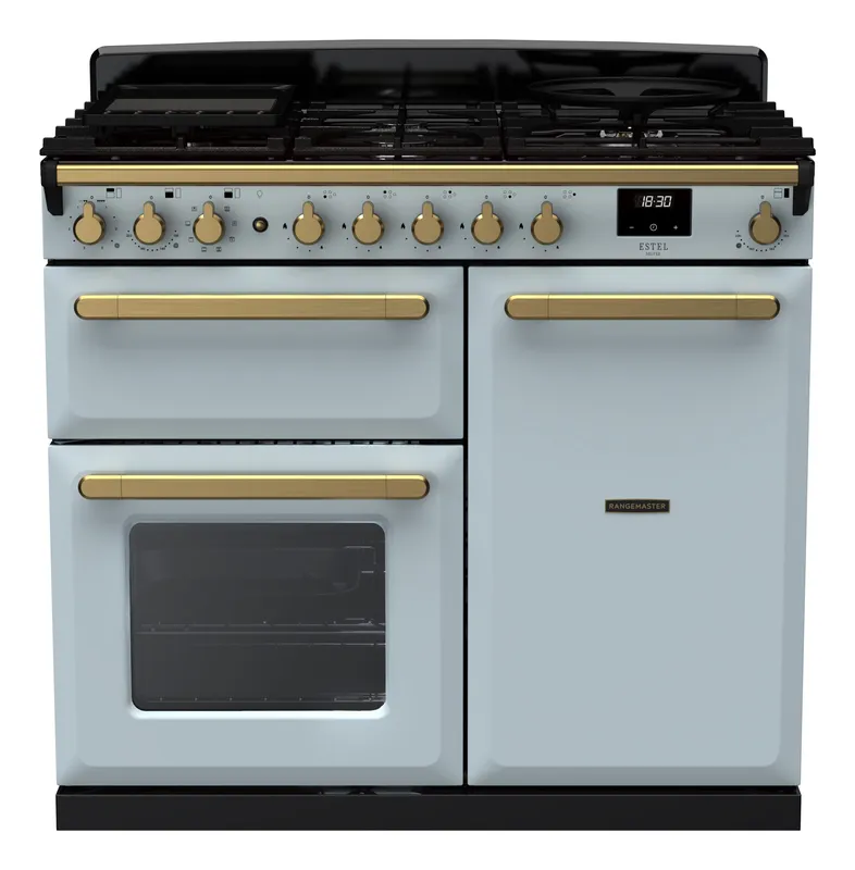 Rangemaster ESDL100DFPMSB/AB1 Estel Deluxe 100cm Dual Fuel Range Cooker With Antique Brass Trim 18078 - Misty Blue