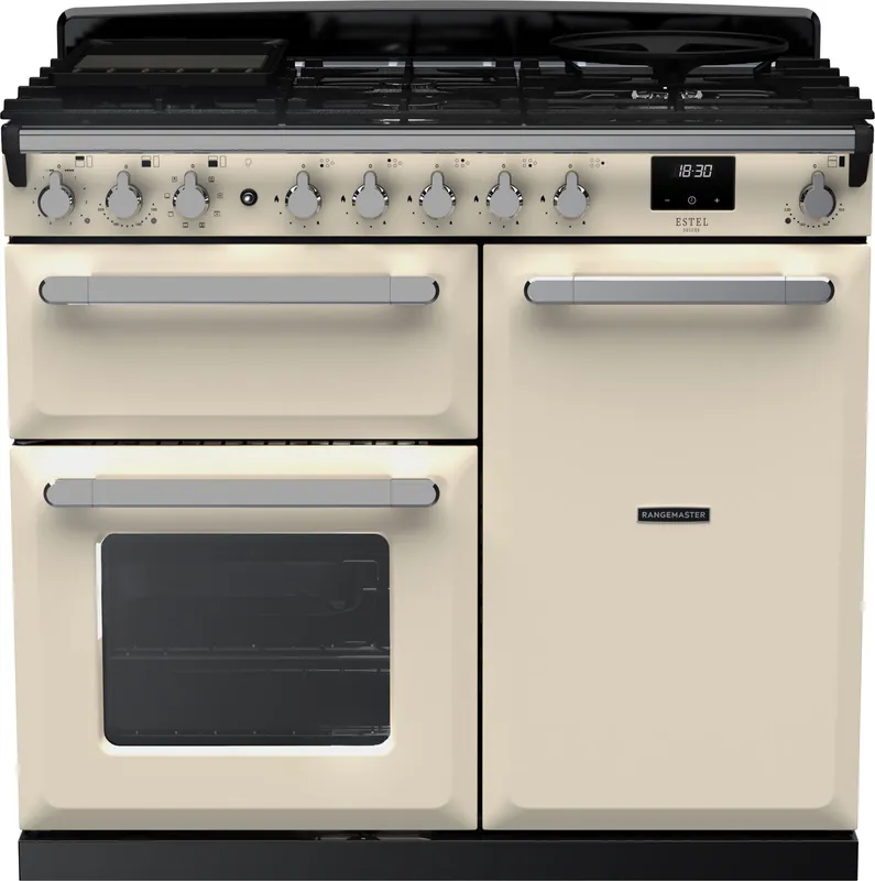 Rangemaster ESDL100DFPPCR/CM1 Estel Deluxe 100cm Dual Fuel Range Cooker With Chrome Trim 15080 - Pale Cream