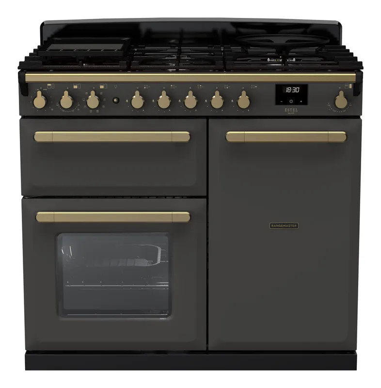 Rangemaster ESDL100DFPSLT/AB1 Estel Deluxe 100cm Dual Fuel Range Cooker With Antique Brass Trim 18075 - Slate