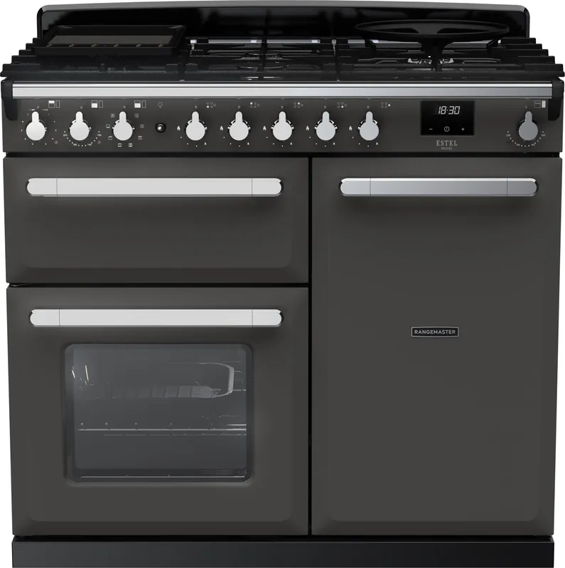 Rangemaster Estel Deluxe ESDL100DFPSLT/CM1 100cm wide Dual Fuel Range Cooker with Gas Hob - Slate / Chrome - A/A Rated, Grey