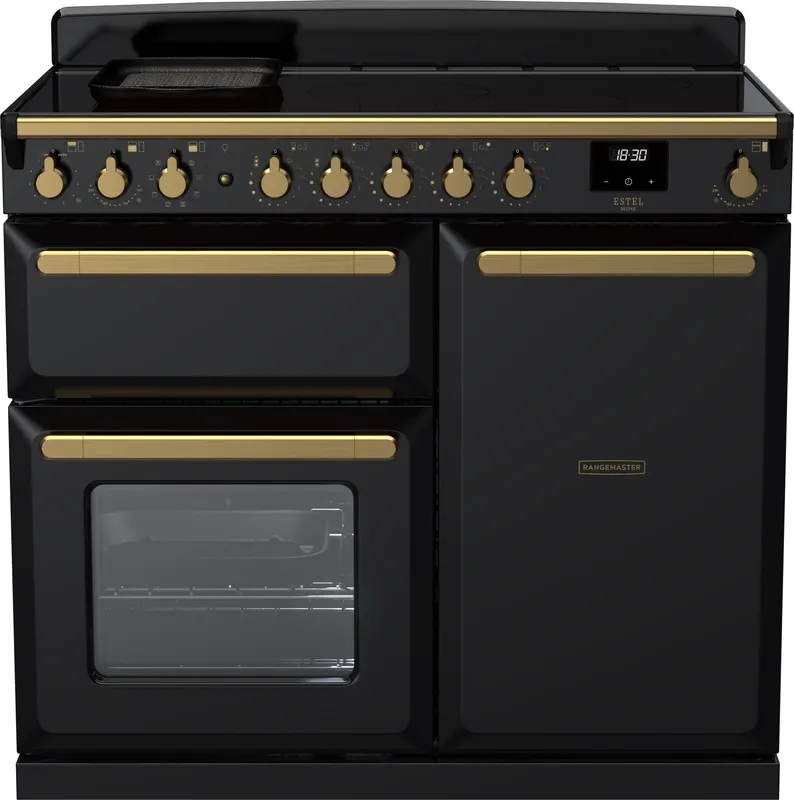 Rangemaster Estel Deluxe ESDL100EIPGBL/AB1 100cm wide Electric Range Cooker with Induction Hob - Black / Antique Brass - A/A Rated, Black