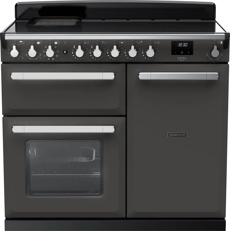 Rangemaster Estel Deluxe ESDL100EIPSLT/CM1 100cm wide Electric Range Cooker with Induction Hob - Slate / Chrome - A/A Rated, Grey