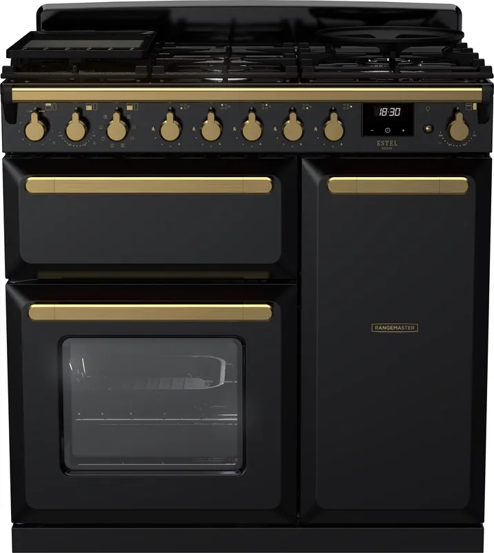 Rangemaster ESDL90DFPGBL/AB1 Estel Deluxe 90cm Dual Fuel Range Cooker With Antique Brass Trim 18032 - Black