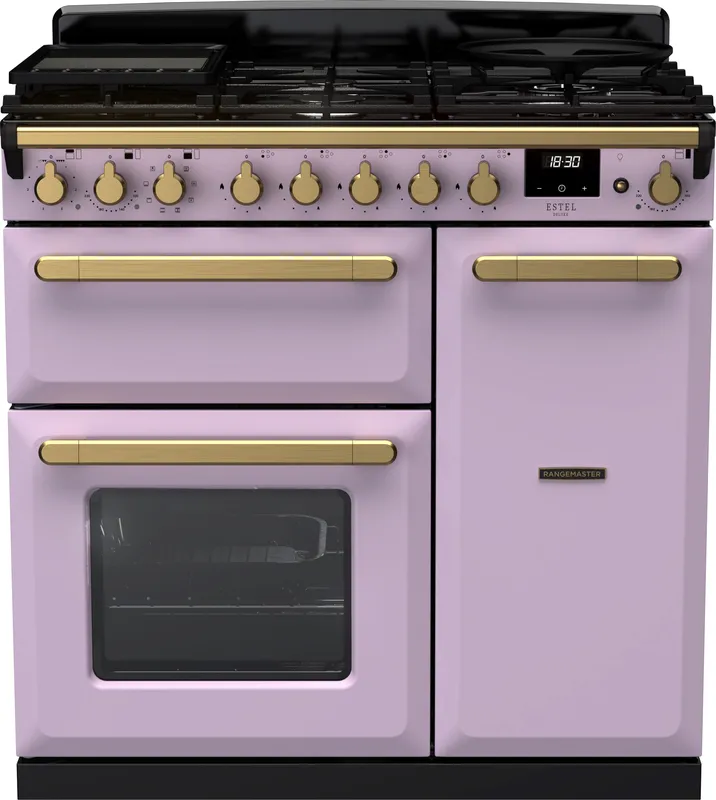 Rangemaster ESDL90DFPHTH/AB1 Estel Deluxe 90cm Dual Fuel Range Cooker With Antique Brass Trim 18227 - Heather