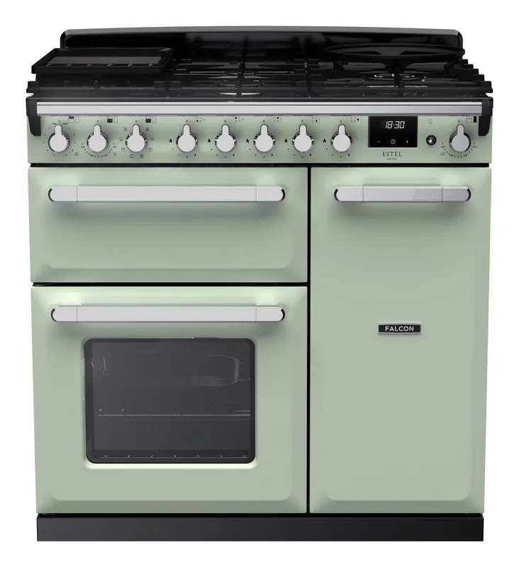 Rangemaster ESDL90DFPMNT/CM1 Estel Deluxe 90cm Dual Fuel Range Cooker With Chrome Trim 14983 - Mint