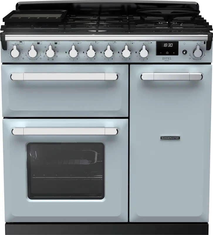 Rangemaster ESDL90DFPMSB/CM1 Estel Deluxe 90cm Dual Fuel Range Cooker With Chrome Trim 14981 - Misty Blue