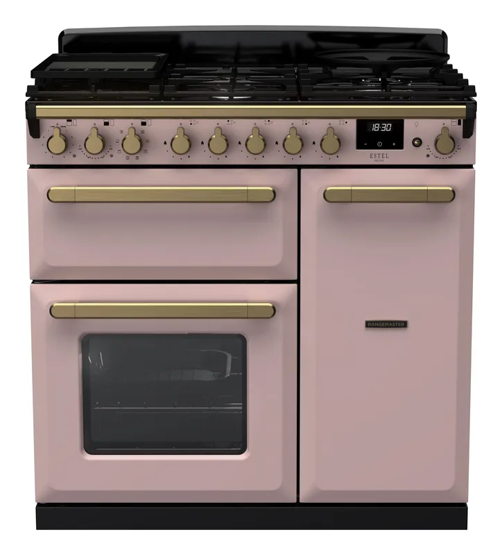 Rangemaster ESDL90DFPPPK/AB1 Estel Deluxe 90cm Dual Fuel Range Cooker With Antique Brass Trim 18037 - Pale Pink