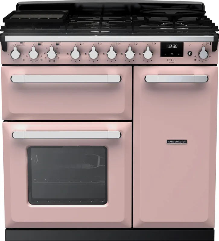 Rangemaster ESDL90DFPPPK/CM1 Estel Deluxe 90cm Dual Fuel Range Cooker With Chrome Trim 14982 - Pale Pink