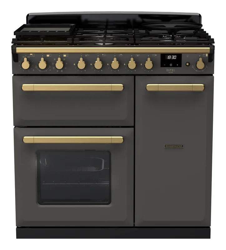 Rangemaster Estel Deluxe ESDL90DFPSLT/AB1 90cm Wide Slate Dual Fuel Freestanding Range Cooker - Antique Brass Trim