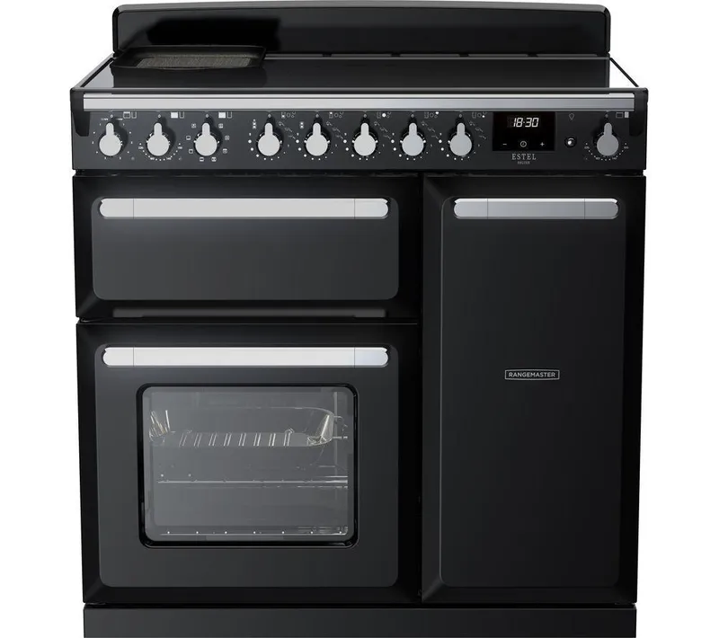 Rangemaster Estel Deluxe ESDL90EIPGBL/CM1 90 cm Electric Induction Range Cooker - Black & Chrome, Silver/Grey,Black