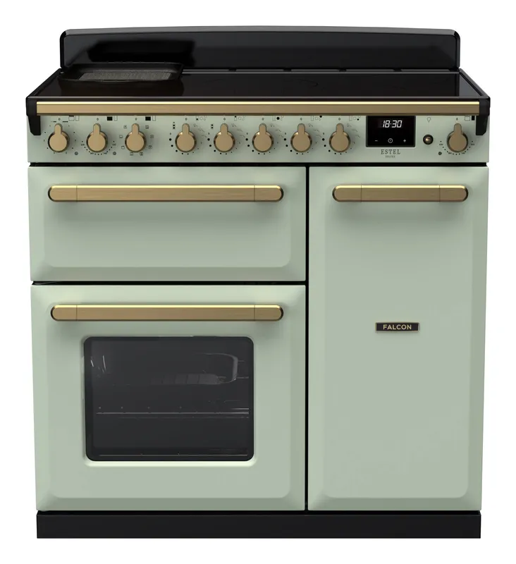 Rangemaster Estel Deluxe ESDL90EIPMNT/AB1 90cm Wide Mint Induction Freestanding Range Cooker - Antique Brass Trim