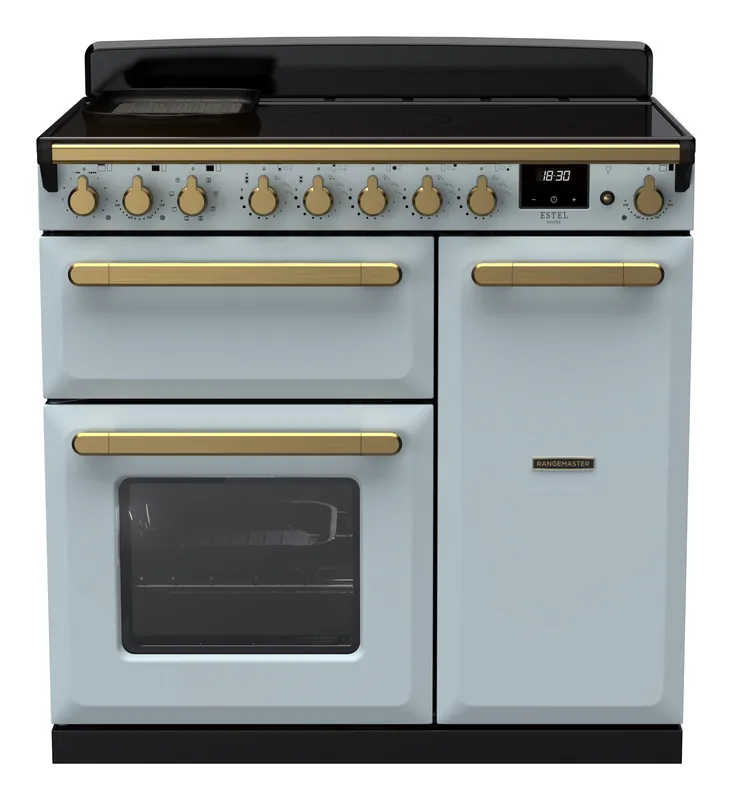 Rangemaster ESDL90EIPMSB/AB1 Estel Deluxe 90cm Induction Range Cooker With Antique Brass Trim 18057 - Misty Blue