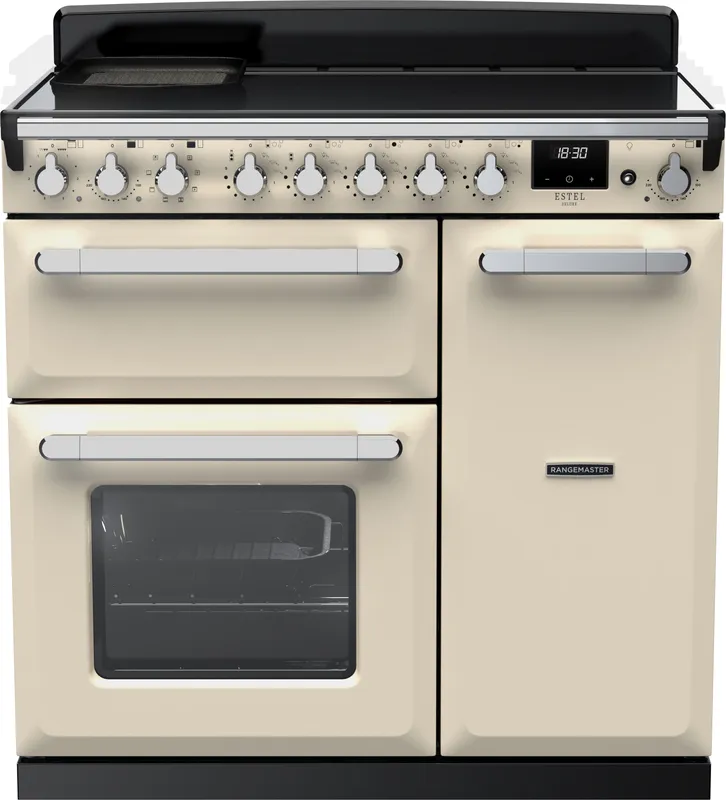 Rangemaster Estel Deluxe ESDL90EIPPCR/CM1 90cm wide Electric Range Cooker with Induction Hob - Cream / Chrome - A/A Rated, Cream