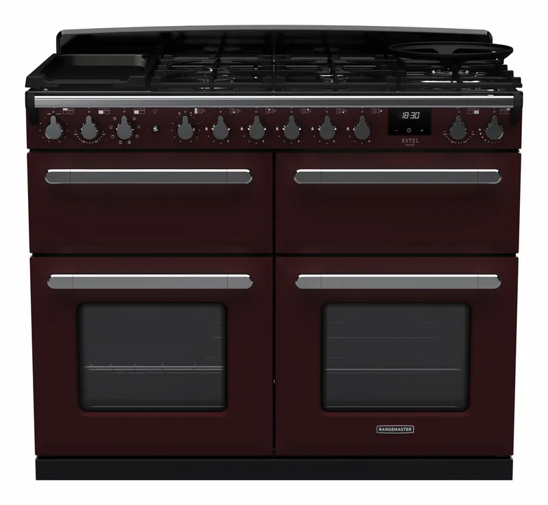 Rangemaster Estel Deluxe ESDLB110DFPBOR/CM1 110cm Wide Bordeaux Dual Fuel Freestanding Range Cooker - Chrome Trim