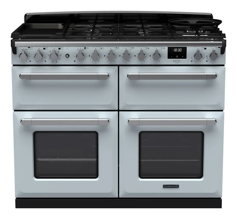 Rangemaster Estel Deluxe ESDLB110DFPMSB/CM1 110cm Wide Misty Blue Dual Fuel Freestanding Range Cooker - Chrome Trim