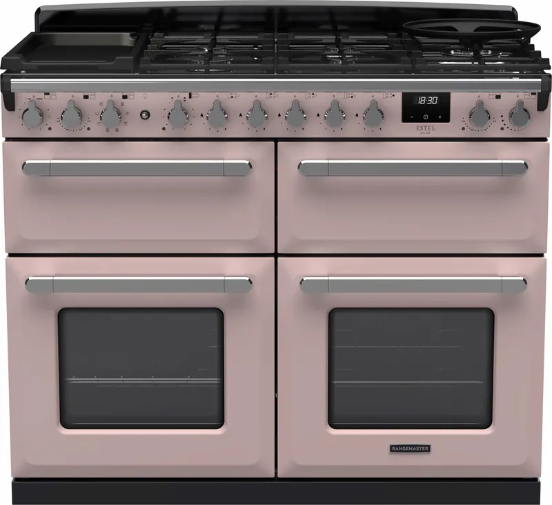 Rangemaster ESDLB110DFPPPK/CM1 Estel Deluxe BC 110cm Dual Fuel Range Cooker With Chrome Trim 15254 - Pale Pink