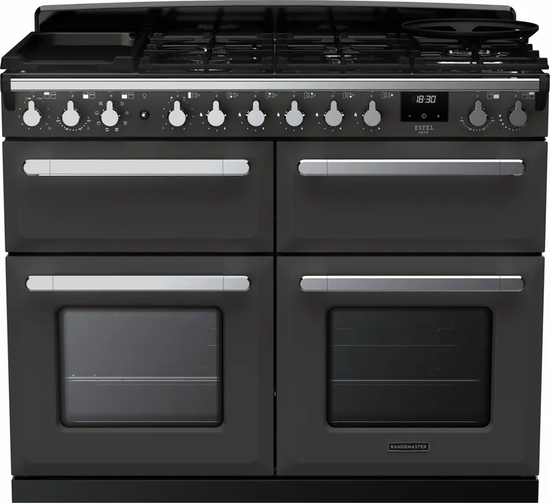 Rangemaster Estel Deluxe ESDLB110DFPSLT/CM1 110cm wide Dual Fuel Range Cooker with Gas Hob - Slate / Chrome - A/A Rated, Grey